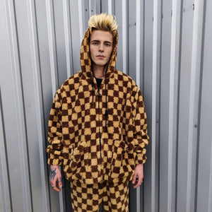 Checked fleece jacket brown hooded geometric bomber plaid grunge coat detachable sleeves handmade check pattern overcoat fuzzy festival set
