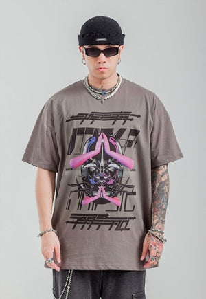 Mask print t-shirt grunge cyber punk tee raver top in grey