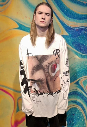 Cyber glitch sweat top graffiti jumper eye print tee white
