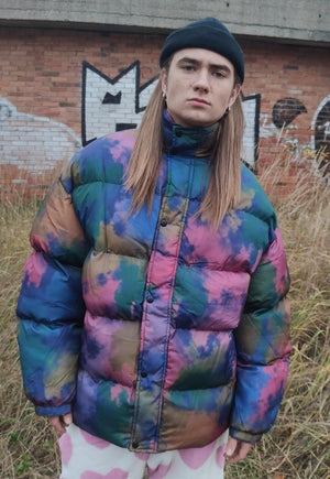 Tie-dye bomber paint splatter puffer quilted jacket purple