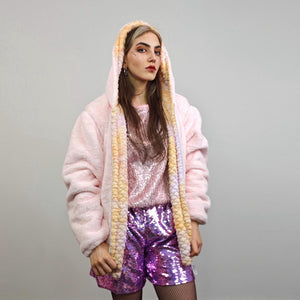 Pastel pink fleece jacket reversible mermaid hood faux fur bomber retro geometric coat burning man overcoat fluffy golden rave festival set