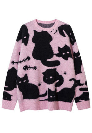 Black cat print sweater cream knitted Gothic top punk jumper