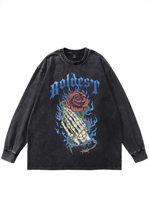 Skeleton t-shirt vintage wash palm print long tee bones top