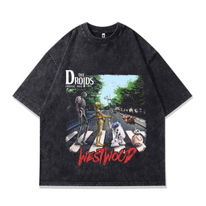 Robots t-shirt funny cartoon tee futuristic grunge top in vintage grey