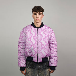 Pink snake bomber python print jacket raver reversible college varsity detachable sleeves handmade crocodile puffer grunge punk rocker coat