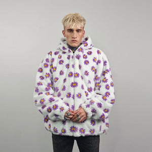 Floral fleece jacket white daisy print bomber fluffy sunflower pullover handmade rave festival overcoat grunge fuzzy hoodie