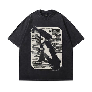 Y2K grunge t-shirt raver print tee retro cyber girl top in vintage grey