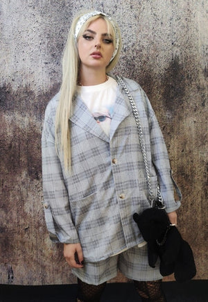 Plaid check sports suit casual loose fit shorts blazer set