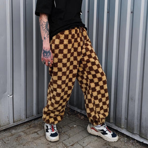 Checked fleece joggers brown Fluffy plaid trousers luxury SKA check pants handmade party hotpants geometric festival set raver tracksuit