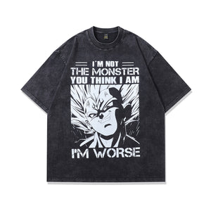 Anime t-shirt monster slogan tee y2k Japanese cartoon top in vintage grey