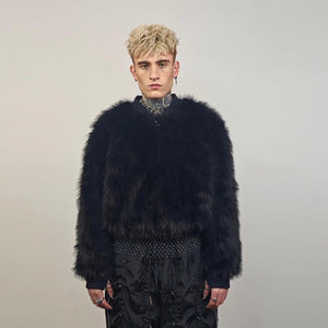 Black faux fur bomber short fluffy college bomber cropped varsity jacket gothic coat fluffy detachable sleeves festival overcoat rave fleece