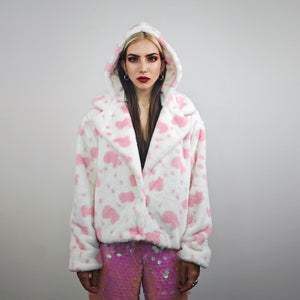 Cropped cow print coat pink white fleece trench animal print jacket detachable sleeves handmade spot pattern party overcoat festival set