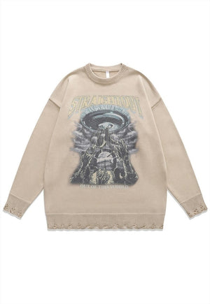 Alien zombie sweater creepy knit distressed jumper in beige