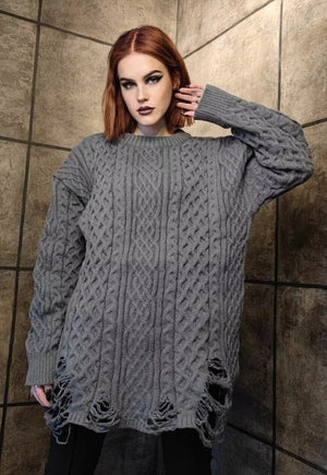 Ripped chunky sweater knitted distressed cable jumper grey