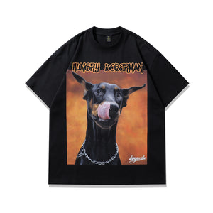 Hungry Doberman t-shirt pinscher print tee retro dog top in Beige
