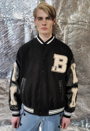 USA varsity jacket PU leather sleeve MA bones bomber black