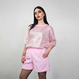 Faux fur shorts pastel pink fuzzy cropped pants hairy trousers handmade solid pattern party joggers fluffy skater festival set