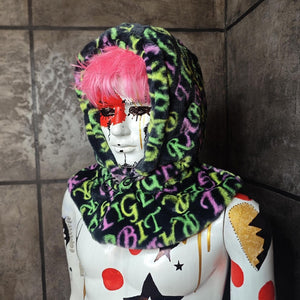 Faux fur hood letter print snood handmade hooded hat tiger slogan pattern all over fluffy fleece scarf unisex bucket grunge rabbit headwear