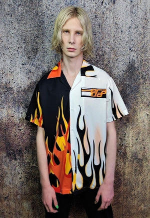 Racer shirt flame print short sleeve top in white red