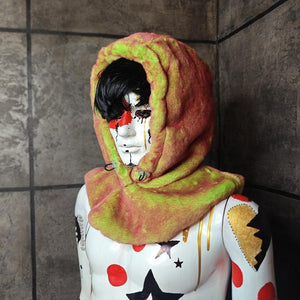 Faux fur hood gray fuzzy snood handmade hooded hat ski cap allover fluffy fleece scarf unisex bucket grunge winter festival resort headwear