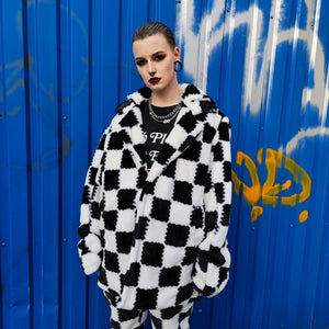 Checked trench coat faux fur white black overcoat plaid jacket SKA bomber detachable sleeves handmade rave puffer festival Coachella fleece