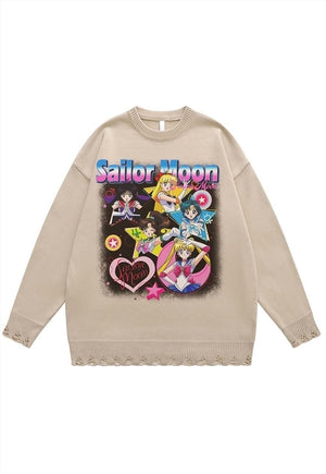 Anime sweater jumper ripped knitted top in beige