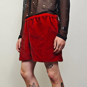 Red faux fur coat cropped trench short going out jacket grunge detachable sleeves handmade luxury festival overcoat fleece