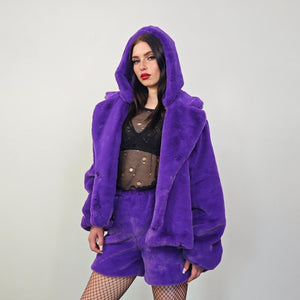 Short faux fur coat purple soft fleece trench luxury crop jacket detachable sleeves handmade pattern party overcoat fluffy festival set