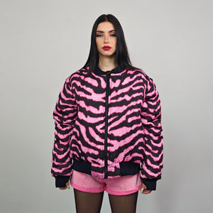 Tiger bomber pink animal print jacket raver reversible college varsity detachable sleeves handmade zebra puffer grunge festival stripe coat