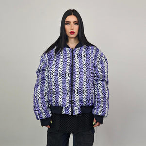 Zebra jacket blue white animal print bomber reversible striped college varsity detachable sleeves handmade rave puffer grunge festival coat
