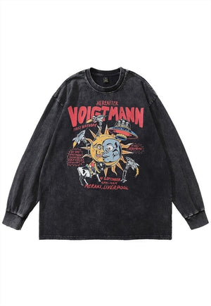 Psychedelic t-shirt vintage wash sun print long tee in grey