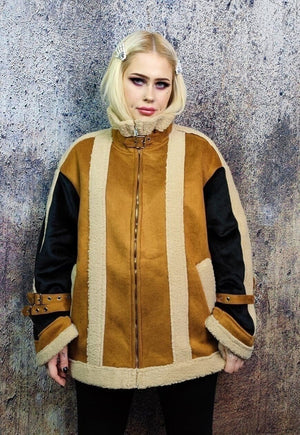 Faux fur biker jacket fluffy fleece aviator bomber in brown