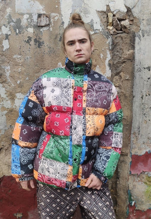 Paisley bomber bandanna print puffer quilted jacket in multi