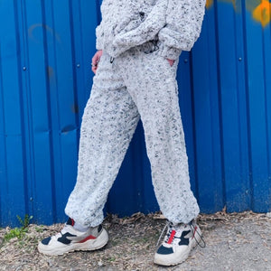 Fluffy fleece joggers grey geometric trousers luxury rose pattern pants handmade party hotpants distressed festival set raver tracksuit