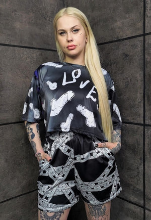 Chain print shorts handmade barbered wire overalls in black