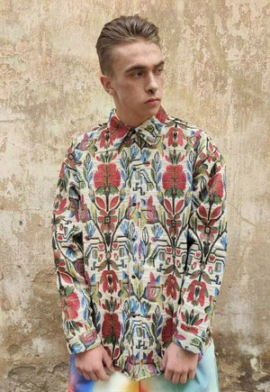 Aztec print thick shirt loose retro floral jacket in brown