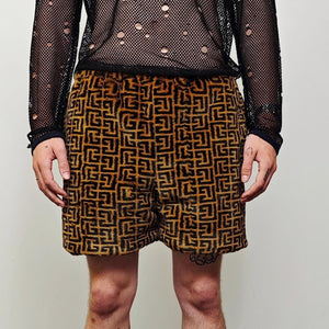 Arabic pattern shorts brown black geometric print pants party hotpants fleece handmade cropped trousers zigzag print joggers festival set