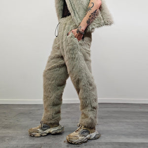 Gray faux fur joggers ski pants shaggy trousers mountain trip bottoms fuzzy winter festival overalls rave fit jumpsuit carnival fleece set