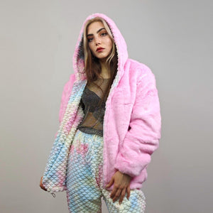 Pink fleece jacket reversible mermaid hood faux fur bomber retro geometric coat burning man overcoat fluffy golden finish rave festival set