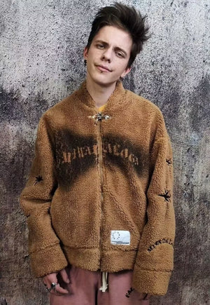 Graffiti fleece varsity jacket fluffy punk bomber coat brown