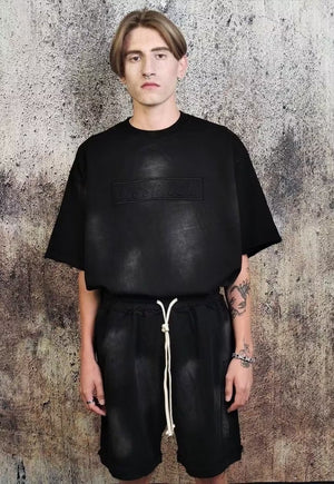 Spray paint graffiti sport set tie-dye shorts Y2K tee black