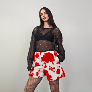 Cow skirt pink white animal print shorts going out fleece cropped trousers handmade short festival trousers fluffy spot print pants