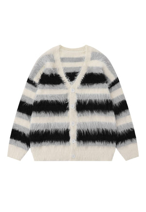 Horizontal stripe cardigan knitted jumper fluffy fleece top