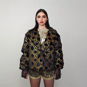 Cropped going out coat black gold glitter trench shiny embellished fleece jacket detachable sleeves handmade party overcoat festival set