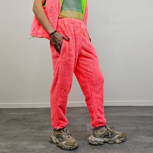 Neon pink fleece rave jacket reversible fluorescent hooded party bomber fluffy coat detachable sleeve two sided overcoat fuzzy festival set