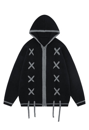 Hooded utility sweater knitted pullover grunge tassel top