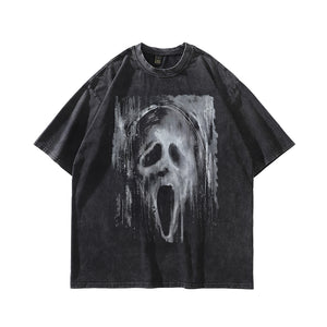 Scream t-shirt scary mask print tee creepy print top in vintage grey