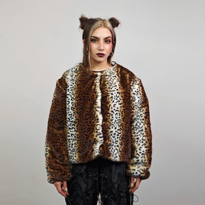 Animal print collarless coat brown short leopard jacket cheetah trench faux fur detachable sleeves spot pattern festival overcoat fleece