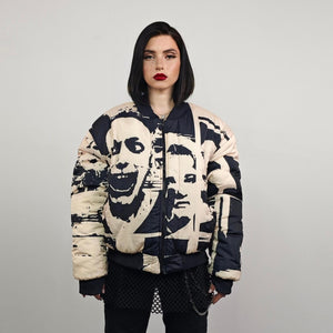 Witch print bomber horror fan jacket scary movie reversible college varsity detachable sleeves handmade Gothic puffer punk rocker coat cream