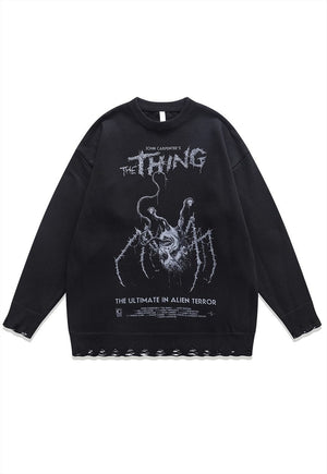 Spider sweater creepy knit distressed horror jumper in black